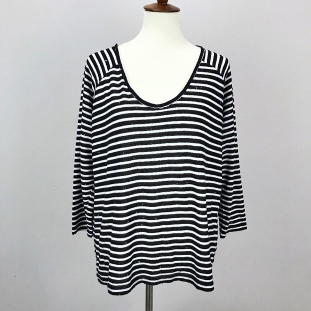 Two by Vince Camuto Black White Striped Sequined Long Sleeve Knit Top Women's L